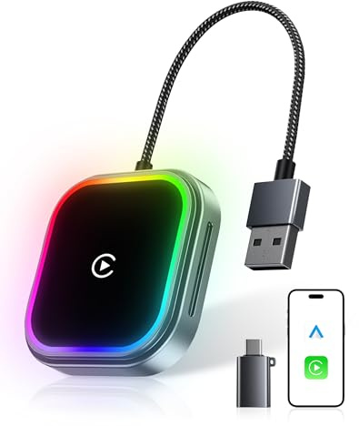 WityEye Adaptador CarPlay y Android Auto Inalámbrico con Luz Ambiental RGB, Doble Núcleo WiFi a 5,8 GHz, Bluetooth V5,3, Rápido y Estable, para Apple iPhone con iOS 10+, Smartphone Android 11+