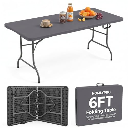 HomlyPro Heavy Duty 6FT Folding Table 180x75cm, Grey, Plastic Folding Desk Portable as Camping Table, Picnic, BBQ, Garden Outdoor and Indoor Utility Surface