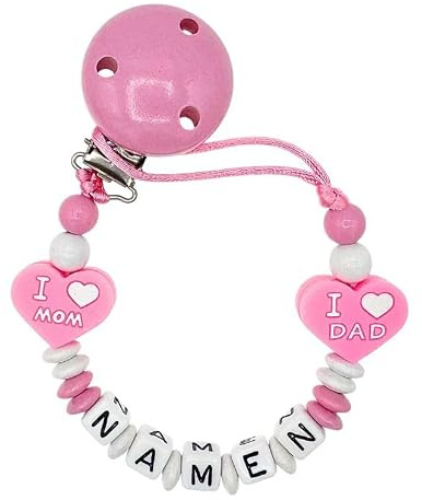 Nuckelkette mit Namen  I LOVE MOM DAD/HERZ  in verschiedenen Farben und Motiven/Baby/Unisex/Personalisiert/HANDMADE (Baybrosa Weiß Herz)