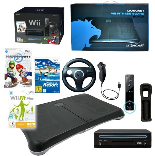 Nintendo Wii Konsole schwarz, Mario Kart mit Lenkrad + Balance Board mit Spiel Wii Fit Plus (mit über 60 Fitness Übungen) Wii Sports Resort (12 Sport Spiele) Remote Plus und Nunchuk Controller