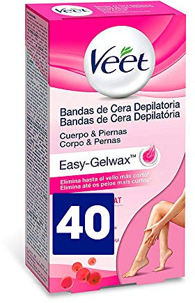 Veet Bandas de Cera Fría Depilatoria para Depilación de Cuerpo y Piernas con Manteca de Karité y Bayas de Açaí, Easy Gelwax, Pieles Normales, 40 Bandas (3035224)