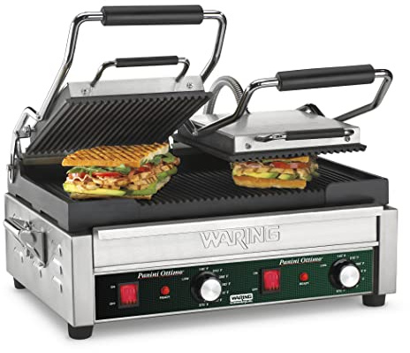 Waring Commercial WPG300 Panini Otimo Dual Ribbed Panini Grill, 240V, 3200W, 6-20 Phase Plug, Silver, 15.5 x 18.75 x 9.25 inches