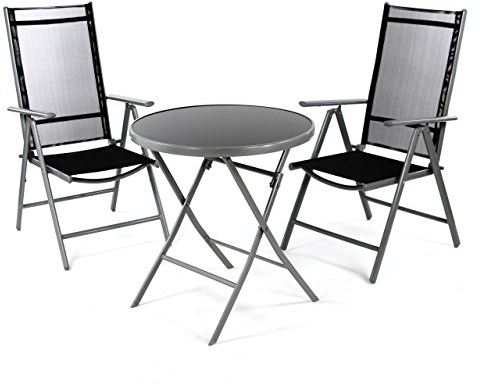 Nexos Bistroset Riviera aus Glastisch & Klappstuhl – stapelbar – Farbe: schwarz + grau