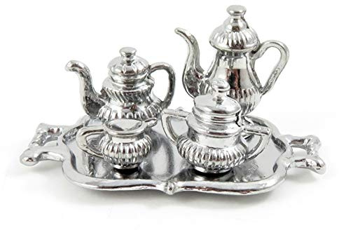 Dolls House Miniature Dining Room Accessory Silver Tea Coffee Set & Tray
