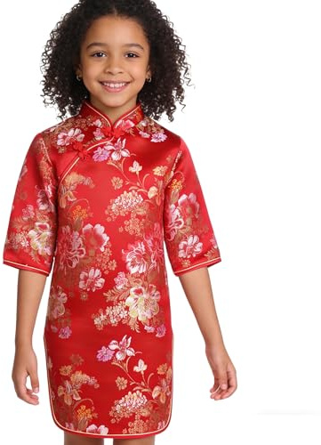 Chinese Girls Dress Peony Rose Qipao Half Sleeve Cheongsam Wedding Dresses Princess Birthday Party Costume (Red,16)