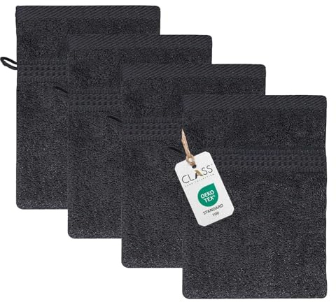 Class Home Collection Frottee Waschhandschuhe 16x21 cm – 4er Set Waschhandschuh – Besonders weiche & saugfähige Waschlappen aus 100% Baumwolle mit Aufhänger – Schwarz