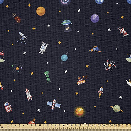 ABAKUHAUS Raumschiff Stoff als Meterware, Sterne Alien Planeten, Microfaser Stoff für Dekoratives Basteln, 1M (230x100cm),Schwarz Blau Orange