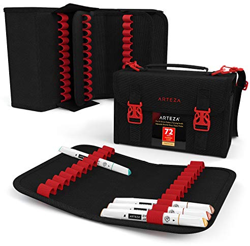 ARTEZA Layoutmarker Organisator, Taschenorganizer mit 72 Steckplätzen, abnehmbare Stiftetasche und Tragegurt, Reißverschlusstasche & Tragegriff, für Marker, Pinsel, Stifte