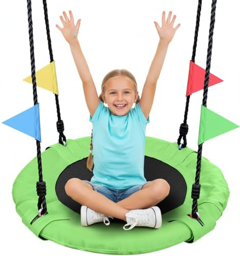 Odoland 24 Kids Tree Swing - Outdoor Small Saucer Swings with 900D Oxford Fabric, Backyard Play Equipment for Children Ages 3-12 Green