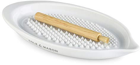 Cole & Mason Keele Ceramic Grater Plate | Garlic, Ginger, Cheese Grater | White Glazed Porcelain | Includes Wooden Brush | Dishwasher Safe | 2 Year Warranty