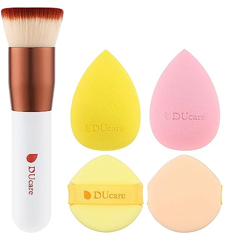 DUcare 4Pcs & 1Pc Makeup Sponges Foundation Brushes Ideal For Flawless Finish, Non-latex Makeup Beauty Blenders Powder Puffs Kabuki Flat Top Face Brush