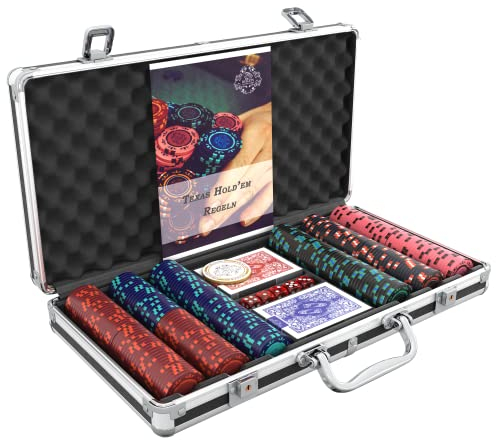 Bullets Playing Cards - Pokerkoffer Corrado Deluxe Pokerset mit 300 Clay Pokerchips ohne Werte, Poker-Anleitung, Dealer Button und Bullets Plastik Pokerkarten…