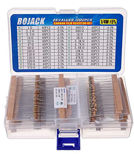 BOJACK Resistor Assortment Kit 1 Ohm - 1M Ohm 1/4W Carbon Film (25 Values 1000 Pcs)