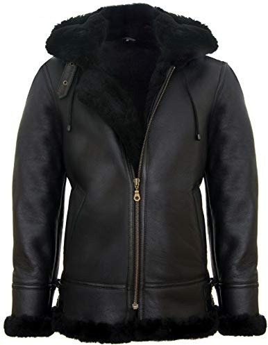 Bomber à Capuche Volant en Peau de Mouton en Cuir Marron Noir pour Homme B3 Aviator Pilot Veste 2XL