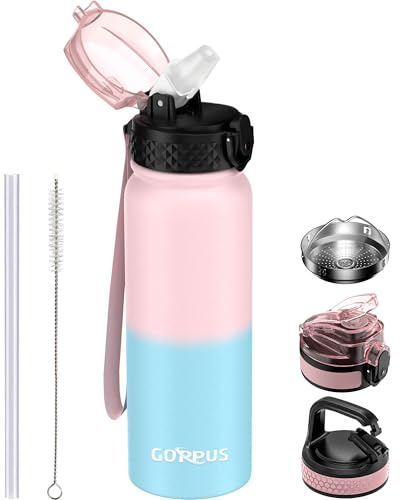 GOPPUS 600ml/20oz Stainless Water Bottle with Straw Double Wall Insulated Bottles with Strap One Hand Open Vacuum Thermal Flask Leakproof Keep Cold Drinks Bottles BPA Free for Adults