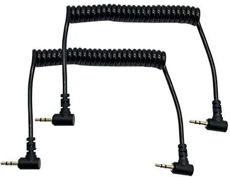 LiKuCo Coiled 2.5mm Audio Cable Coiled 2.5mm to 2.5mm Double Angled Male to Male Stereo Headset Headphone Jack Gold Plated Connector Wire Cord Plug Cable (2Pack)