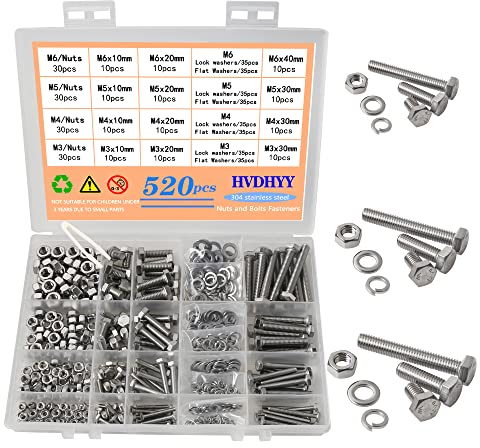 HVDHYY M3 M4 M5 M6 Nut and Bolt set Machine Screws & Nuts & Washers Assortment kit 304 Stainless Steel Outer Hexagon Head Button with a Reusable Storage Box (520pcs)