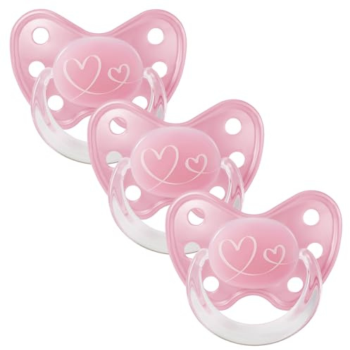 dentistar Latex Schnuller 3er-Set - Größe 3, ab 14 Monate - Zahnfreundlicher Naturkautschuk Nuckel mit Dentalstufe – BPA-frei - Made in Germany - Herz, Rosa