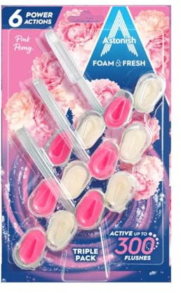 Astonish Foam & Fresh Toilet Blocks, Powerful Foam Cleaning Action, Prevents Limescale & Dirt, Pink Peony, Pack of 2