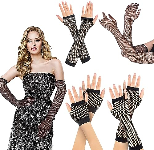 Suitedget 4 Paar Netzhandschuhe Schwarz Netzhandschuhe Lange und Kurze Großes Diamant-Fischernetz Heiße Strasshandschuhe Fischernetz Heiße Strasshalbfingerhandschuhe für 80er Kostümpartys