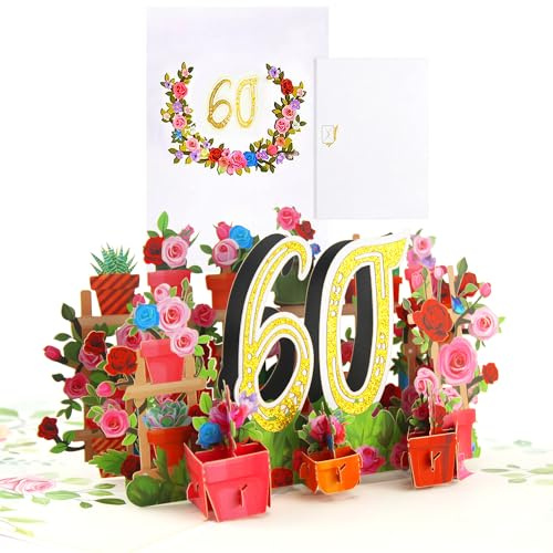 60. Geburtstagskarte 60 Karte Geburtstag 3D Pop Up Karte Geburtstag Grußkarte Geburtstagskarten mit Umschlag für Frauen Mütter Ehefrau Männer Freunde Romantik Geschenk-Karte Jubiläumskarte