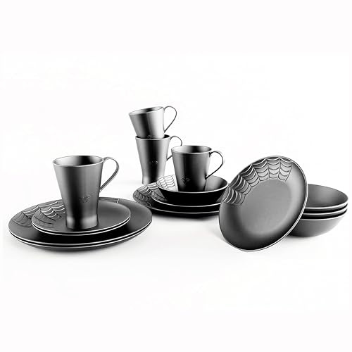 Nomnu Spiderweb Dinnerware Set (16 Pieces) - Goth Dinnerware Set - Black Matte Porcelain - 4 Dinner Plates 4 Salad Plates 4 Bowls 4 Mugs - Halloween Dinnerware Spooky Dishes Gothic Kitchen Decor Gifts