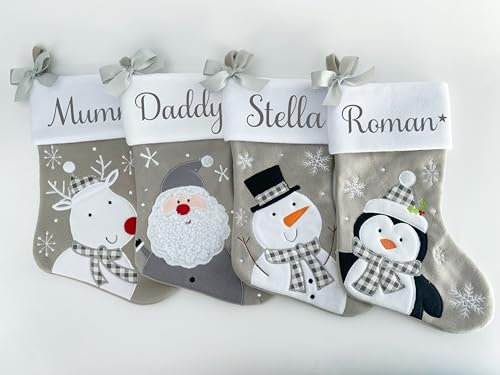 Weihnachtsstrumpf mit Namen Weihnachtsdeko Christmas Stockings Hängende Strümpfe Weihnachten Geschenktasche Personalisierte Xmas Socken Familie Kinder Junge Mädchen (Grey, Penguin)