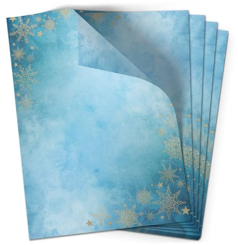 Weihnachtspapier A4 | Weihnachtsbriefpapier beidseitig bedruckt, 50 Blatt | Premium Briefpapier Weihnachten Winter Blue Aquarell Goldlook Sterne | Schreibpapier Druckerpapier 90 g/qm