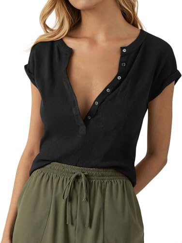 Tankaneo Women Deep V Neck Low Cut Tops Casual Ribbed Knit Henley T-Shirts Summer Short Sleeve Tees Black