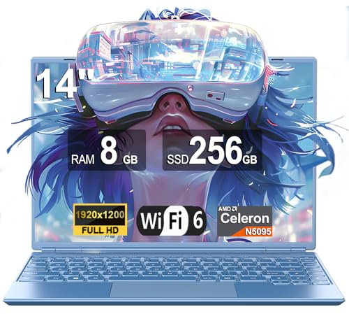 Ordenador Portátil 14 Pulgadas 8GB DDR4 256GB SSD 1TB Expand Celeron N5095 (Hasta 2.9Ghz), Portátil Win 11 con Mini Puerto Multimedia Ventilador 1920*1200 FHD Pantalla, Portatiles Dual WiFi-Azul