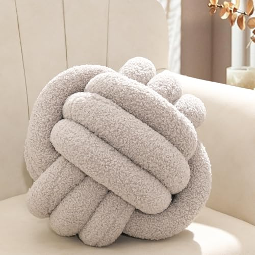Yhoelata Knotenkissen, Dekokissen Grau, Zierkissen Aesthetic Sofakissen aus Teddysamt, Bett Deko Kissen Runden für Kind Schlafzimmer, Geschenk 28 cm