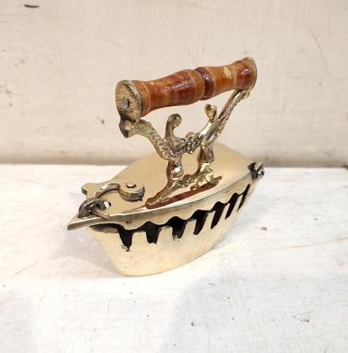 Antique Nautical world Vintage Brass Cloths Press with Wooden Handle, Charcoal Iron, Bathroom Decor Gift, Golden