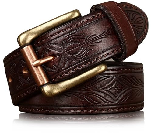 Karoukee Vintage Echtledergürtel für Herren, Einzigartiger Modegürtel mit Geprägtem Muster, Vielseitige Herrengürtel, Zweiseitig Erhältlich, 3,8 cm Breite, Messingschnalle