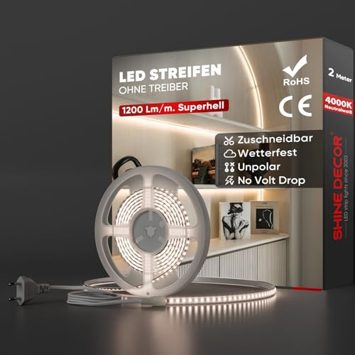 Shine Decor 2m Bande Lumineuse LED, 220V Autocollante Silicone Bande LED étanche IP65, SMD 2835 120 leds/m Ultra Haute Luminosité pour Cuisine Jardin Eclairage LED (Blanc Naturel, Certifié CE)