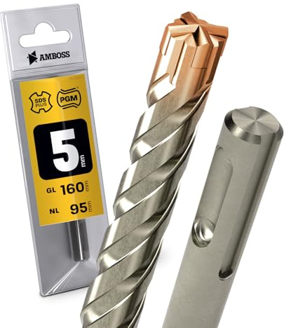SDS Plus Hammerbohrer 4X Schneiden PGM Ø 5.0mm x 95mm - AMBOSS Werkzeuge SDS Crusher 4 - HM Betonbohrer Hartmetall Profi Bohrer 5.0 mm x 95 - Steinbohrer Stahlbeton Mauerwerk Ziegel Kalksandstein