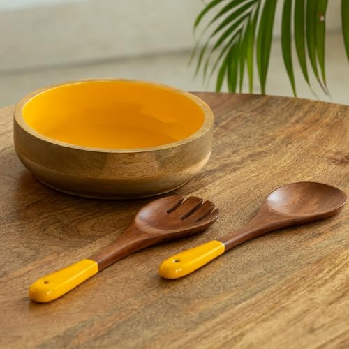 ExclusiveLane 'Honey Hive' Serving Salad Bowl with Salad Servers (7.7 Inches, Mango Wood) | Handenamelled Wooden Salad Bowl for Serving Bowl for Kitchen Salad Mixing Bowl Fruit Salad Bowl