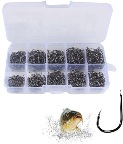 500Pcs Fishing Hooks, 10 Sizes 3# - 12# with Plastic Box Sharp Carbon Steel with Eye Sea Small Sea Fish Hooks Set Fishing Accessories for Saltwater or Freshwater