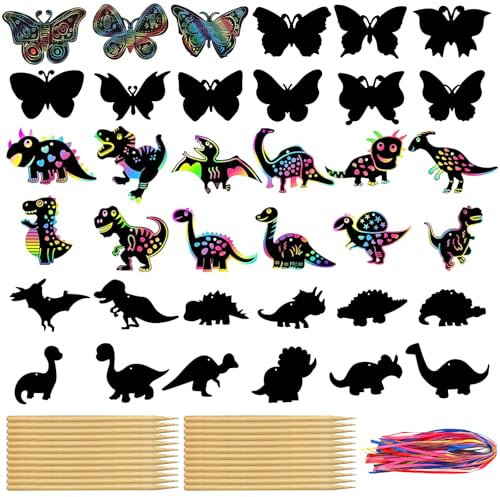 44 Stück Kratzpapier Set,Magische Regenbogen Scratch Art,Kratzpapier mit Bändern,Kratzbilder Schmetterling für Tags,Dinosaurier Scratch Art mit Holzstiften für Junge Mädchen,Geburtstage,DIY,Handwerk