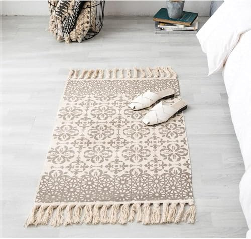 INKAROBOX Tappeti in cotone con nappa, tappeto passatoia per cucina, soggiorno, camera da letto, lavanderia, ingresso (fiori, 60 x 130 cm)