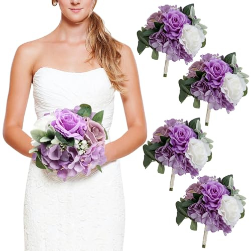 DIYDOFUN 7 Inch Bridesmaid Bouquets Set of 4, Artificial Flower Wedding Bouquets for Bridesmaids Realistic Small Rose Bouquet for Vintage Rustic Country Boho Wedding Decorations - Purple & White