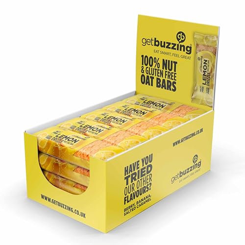 Getbuzzing Nut Free Oat Flapjack Healthy Snack & Energy Bars - Running,Gym, Cycling - Breakfast Snack - Made in The UK - Lemon Drizzle Pack of 20 x 62g Bars