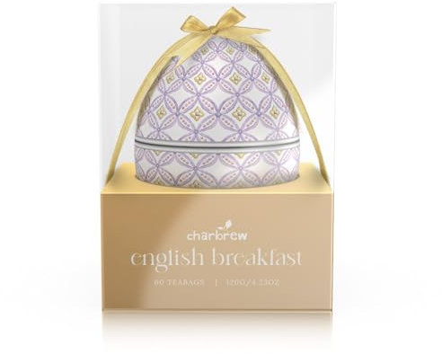 Charbrew Patterned Egg-Shaped English Breakfast Tea Tin | 60 Premium Black Teabags | Decorative Reusable Gift Tin | Classic Breakfast Tea