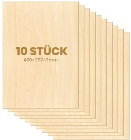 Dofiki 10 Stück A3 Birken Sperrholz 3mm Laserfähig Sperrholaplatte, Holzbretter zum Laserschnitt, Lasergravur, Basteln, Brandmalerei, Modellbau Birkensperrholz (420x297x3mm)