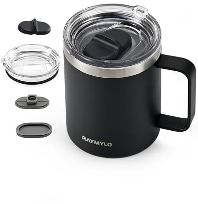RAYMYLO Insulated Coffee Mug 350ml, Spill-Proof & Detachable Slider Lid | Double Wall Stainless Steel with Thorough Clean Lid & Handle, Cold for 9 Hrs, Suitable for Camp Home Office