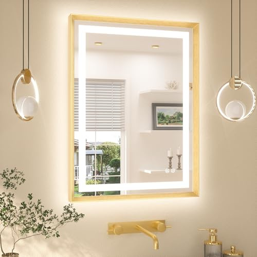 TETOTE Miroir de salle de bain avec éclairage - Cadre en métal doré - 60 x 80 cm - Miroir mural LED - Anti-buée - Avec interrupteur tactile - 3 couleurs de lumière à intensité variable - Fonction