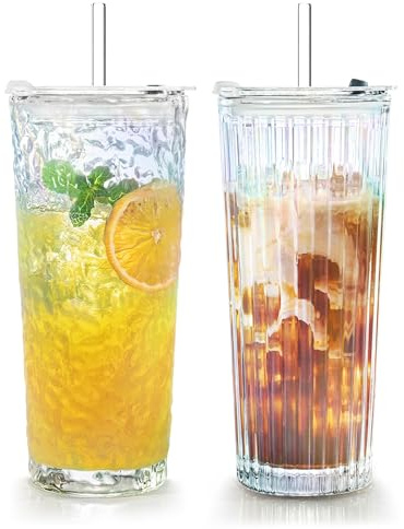 Puraville 2 Pack 550ml 18oz Glass Cups with Lids and Straws, Vintage Ribbed Striped Glacier Thickened Glassware for Whiskey Cocktail Beer, Mason Jar Drinking Glasses Tumbler Iced Coffee Cup, Rainbow