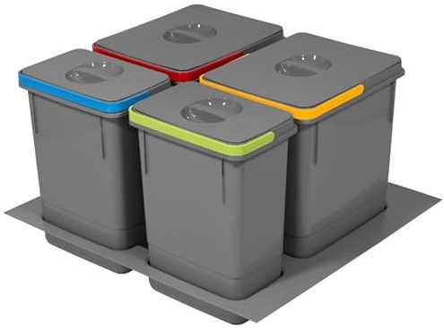 AMIX Abfallsystem RUBIO-60 für Schublade 600 mm, 4er Set Mülleimer Antrazit 2x15L 2x7L mit Deckel farbig, Mülltrennung Küche, ergonomisch, stabil