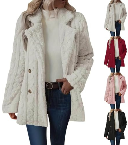 KODMNSW Fleecejacke Damen Lang Winterjacke V-Ausschnitt Teddyjacke Fleece Warm Wollmantel Fashion Teddyfleece Jacke Dufflecoat Wintermantel Softshelljacke Fleecemantel Frau Winter Mantel