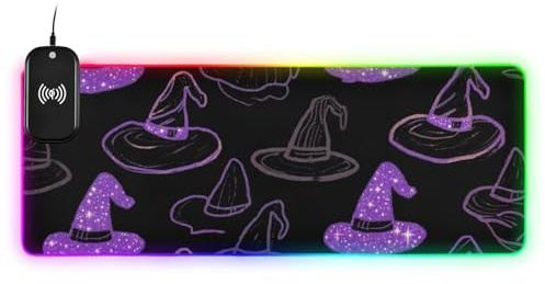 Glad Halloween häxa hatt svart trådlös laddning glödande stora musmattor bärbar hemmakontor 89,9 x 40,9 cm musmatta laddningsmatta