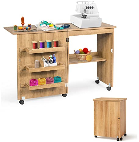 LIFEZEAL Nähmaschinenschrank klappbar, Nähschrank 2 in 1, Schreibtisch Holz mit Haken, Ablage & Rollen, Mobiler Nähtisch Nähmöbel für Zuhause & Büro (Holzfarben, 117 x 40 x 77cm)
